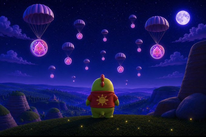 A green creature in a red sun-emblazoned shirt stands on a grassy hill looking up at multiple glowing purple parachutes bearing star emblems, under a moonlit night sky.