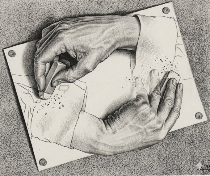 M.C. Escher-style black and white drawing of two hands drawing each other on a piece of paper, signed 'MCE' in the bottom right corner.