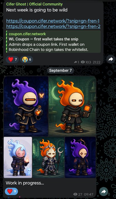 A Telegram screenshot from 'Cifer Ghost | Official Community' announcing 'Next week is going to be wild' with coupon links for 'gn-fren-1' and 'gn-fren-2', along with character artwork and a 'Work in progress...' image.
