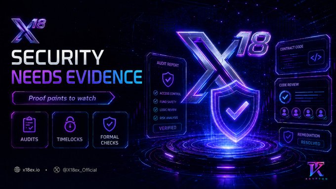 A dark purple and neon blue promotional graphic for X18EX featuring the bold headline "SECURITY NEEDS EVIDENCE," with a glowing X18 logo, shield icon, and sections labeled "AUDITS," "TIMELOCKS," "FORMAL CHECKS," "AUDIT REPORT," and "CODE REVIEW," alongside handles @x18ex.io and @X18ex_Official—visually reinforcing the post's message about X18ex's staged security roadmap and verifiable process.