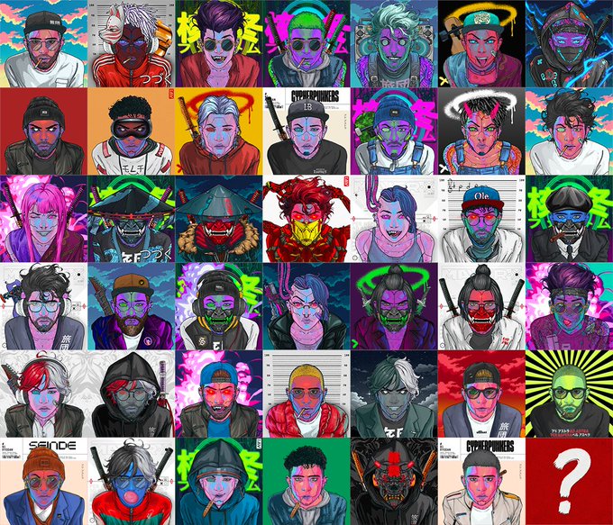 A grid collage of 36 colorful, stylized anime-like character portraits featuring various figures with glowing effects, masks, and neon accents, with the bottom right panel displaying a large white question mark on a red background.