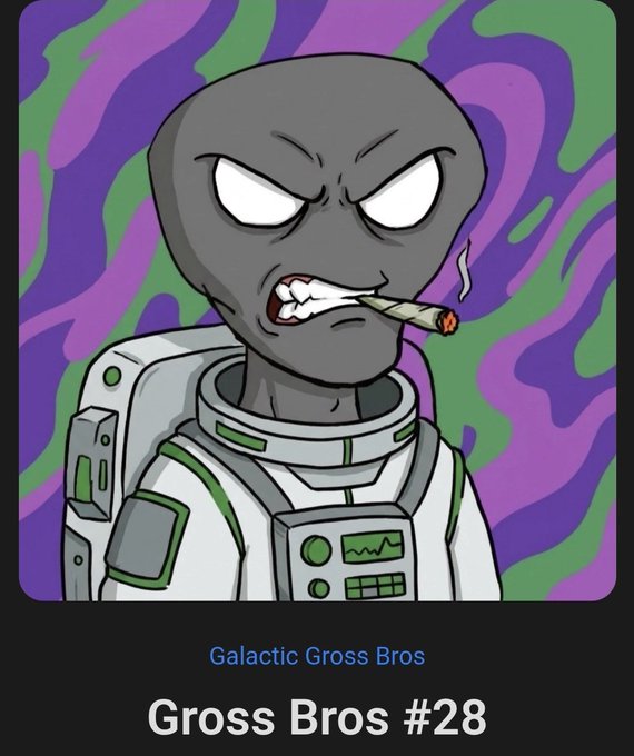 A cartoon illustration titled 'Galactic Gross Bros - Gross Bros #28' showing a gray alien character smoking a cigarette while wearing a space suit against a purple and green swirled background.