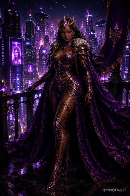 The image features a woman dressed in a purple outfit standing on a balcony overlooking a city at night. The scene includes buildings lit up with neon lights, creating an urban atmosphere. The caption of the image reads "TGIF, have a great day fam FIH is building an onchain economy where markets evolve from collective behavior rather than predefined structures". This suggests that the woman in the image might be participating in or observing a speculative trading event taking place within the city's financial market.