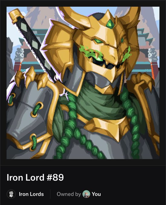 A pixel-art NFT card titled 'Iron Lord #89' from the 'Iron Lords' collection, depicting an armored warrior with a golden horned helmet and green beard.