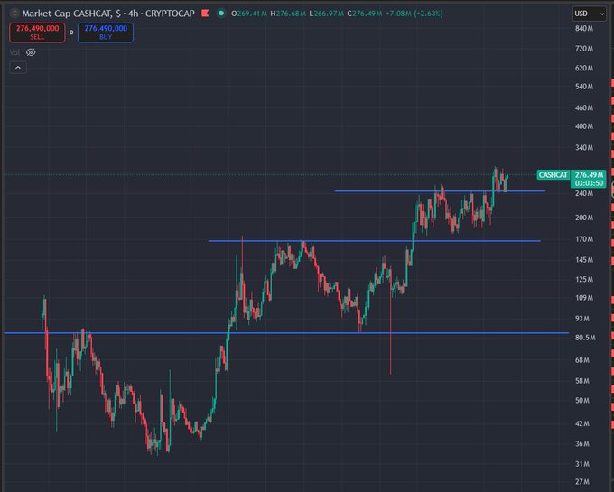 A TradingView chart showing the 4-hour market cap of CASHCAT (CRYPTOCAP) trading at $276.49M, with horizontal support/resistance lines marked on the candlestick chart.