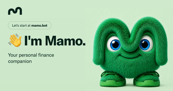 A promotional graphic for 'Mamo' featuring a fuzzy green letter 'M' character with eyes and sneakers, alongside the text 'Let's start at mamo.bot', 'I'm Mamo.', and 'Your personal finance companion'.