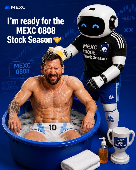 A promotional MEXC advertisement for 'MEXC 0808 Stock Season' features a robot mascot in a black jersey washing a man's hair in a blue tub, with MEXC-themed merchandise and an +8.08% graphic displayed.