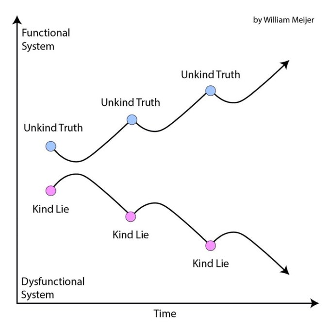 The image, created by William Meijer, illustrates two diverging trajectories over time: repeated "Unkind Truths" lead a system upward toward a Functional System, while repeated "Kind Lies" drive it downward into a Dysfunctional System. This visual reinforces the post's message that delivering hard truths—rather than offering sugarcoated lies—is what separates thriving companies from failing ones.