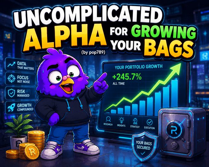 A promotional graphic titled 'UNCOMPLICATED ALPHA FOR GROWING YOUR BAGS (by pop789)' featuring a purple bird character, a portfolio growth of +245.7%, and icons representing Research, Insights, Strategy, and Execution.