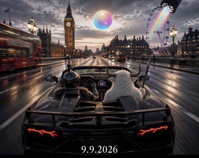 An artistic rendering shows two furry creatures driving a black Lamborghini convertible through London, with Big Ben, the London Eye, and an iridescent bubble visible in the sky. The date "9.9.2026" is displayed at the bottom.