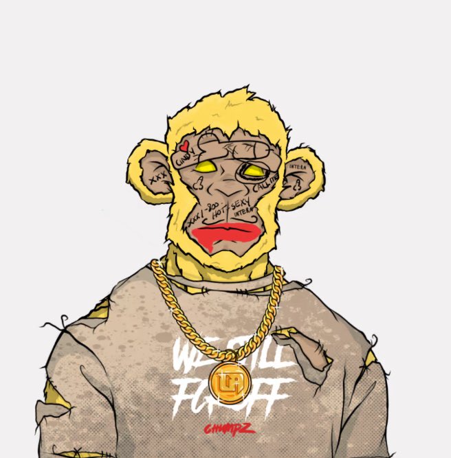 A digital illustration of a stylized monkey with yellow fur, facial tattoos including "RANDY" and "SEXY WEIRD," wearing a gold chain and a shirt reading "WE THE FLUFF."