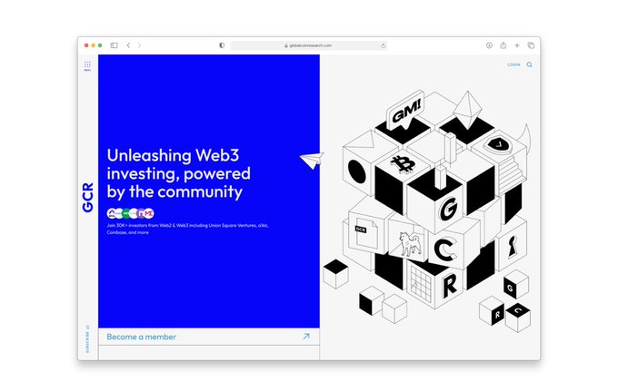 A website mockup for 'globalresearch.com' titled 'Unleashing Web3 investing, powered by the community,' featuring a blue panel with a paper airplane graphic and an isometric illustration of 3D blocks displaying crypto and Web3 logos.