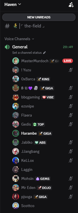 A Discord server interface for 'Haven' showing the '#the-field' voice channel with various users in 'General', including MasterMurdoch (LIVE), I Yuzu, and Harambe.