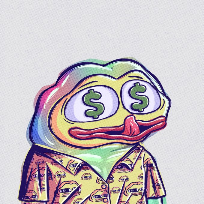 A cartoon Pepe the Frog character with dollar signs in his eyes sticks out his tongue while wearing a money-patterned shirt, visually reflecting the post's call to Discord by symbolizing the financial excitement and community-building motivation behind the invitation.
