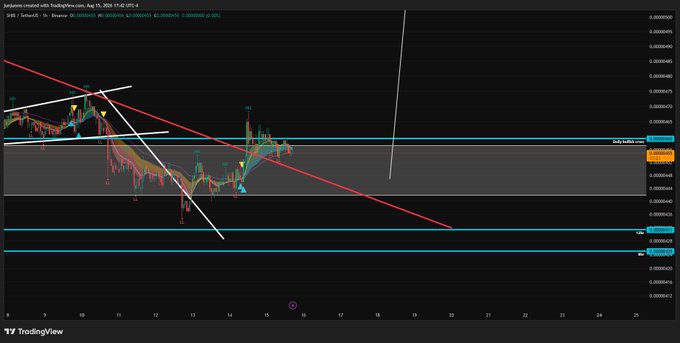 A TradingView chart for Shibdoge.com/USDT shows candlestick price action with multiple trendlines drawn, including a descending red trendline and horizontal support levels highlighted in blue.