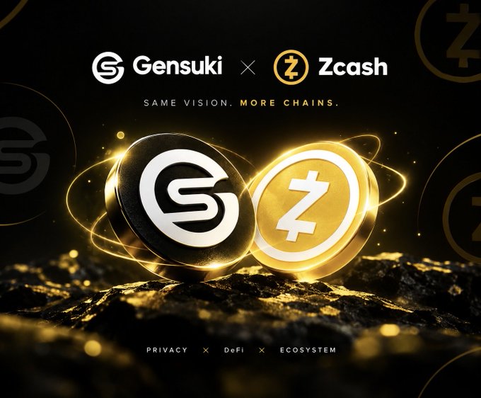 A promotional graphic for a cryptocurrency partnership between "Gensuki" and "Zcash" with the tagline "SAME VISION. MORE CHAINS." and "PRIVACY × DeFi × ECOSYSTEM", showing golden coins with their respective logos.