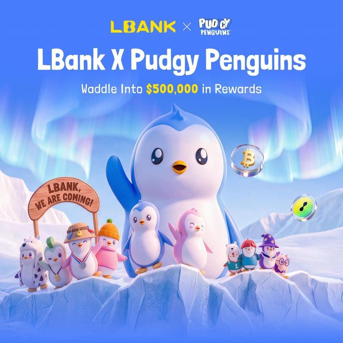 LBank x Pudgy Penguins promotional graphic featuring cartoon penguins and characters in an arctic setting with a wooden sign reading "LBANK, WE ARE COMING!" alongside the campaign headline "Waddle Into $500,000 in Rewards," aligning with the post's announcement of a $500,000 crossover campaign offering Futures bonuses to new users.