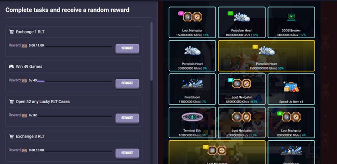A screenshot from RollerCoin shows an "Event" tab titled "Complete tasks and receive a random reward," displaying tasks like "Exchange 1 RLT" (0.00/1.00), "Win 49 Games" (5/49), "Open 32 any Lucky RLT Cases" (0/32), and "Exchange 3 RLT" (0.00/3.00), alongside a rewards grid featuring miners such as Loot Navigator, Porcelain Heart, DOOS Breaker, Frontboom, and Terrastrial SR with varying probabilities. The image visually confirms the user's excitement about earning free miners by completing tasks, despite them having missed most of the event while at work.