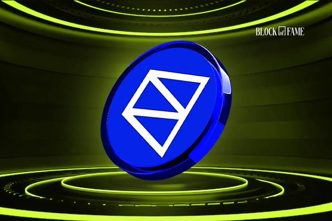 A blue circular emblem with a white triangular logo floats above a glowing green circular platform in a futuristic setting, with the text 'BLOCK & FAME' displayed in the upper right corner.