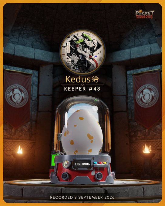 "Pocket Dragons" game screenshot showing a white and orange dragon egg in an incubator labeled "LIGHTNING," identified as "Kedus, Keeper #48," with various symbols and the date "8 September 2026."