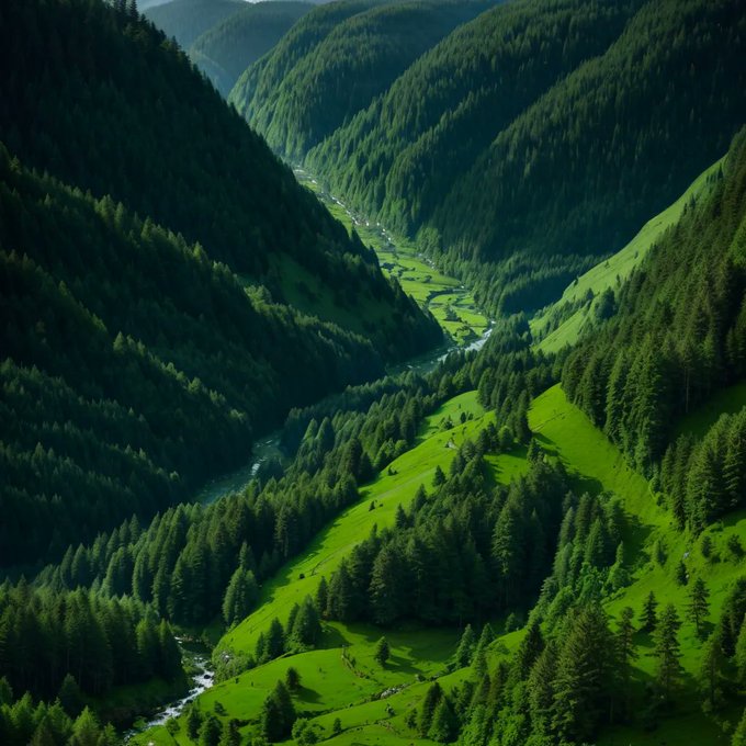 A lush green valley carved between forested mountains, with a winding river snaking through the dense landscape, evoking hidden depths and natural resilience that parallels the post-quantum future referenced in the post.