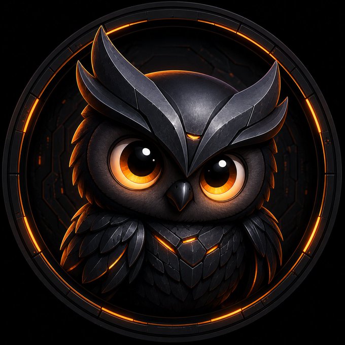 A digital illustration shows a fierce owl wearing dark, metallic armor with glowing orange eyes, set against a dark background with orange highlights.