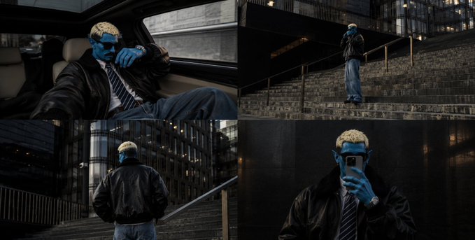 A four-panel collage showing a blue-skinned figure with blonde hair in a suit, sitting in a car, standing on outdoor stairs, walking through a city, and taking a mirror selfie.