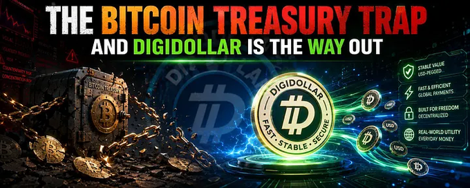 "The Bitcoin Treasury Trap, and DigiDollar Is the Way Out" is a banner that reads "The Bitcoin Treasury Trap, and DigiDollar Is the Way Out", which appears to be an advertisement for Bitcoin trading services. The text is written in black against a white background with a green border.