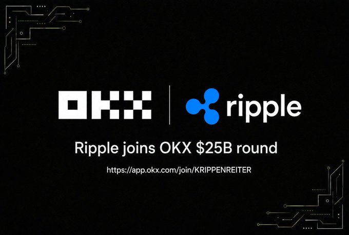 The image is a promotional graphic featuring the OKX and Ripple logos with the headline "Ripple joins OKX $25B round" and a referral link (https://app.okx.com/join/KRIPPENREITER) for a 10% fee discount. It visually supports the post's claim about Ripple's investment in OKX, encouraging viewers to sign up via the affiliate link to trade XRP and RLUSD.