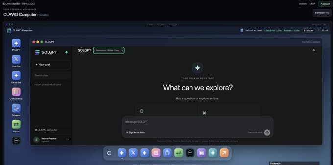 A screenshot of the CLAWD Computer desktop interface showing the 'SOLGPT' Solana assistant application window with the prompt 'What can we explore?' and a message input field.