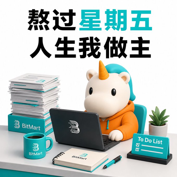 A promotional image for BitMart features a 3D unicorn mascot working on a laptop surrounded by paperwork, with Chinese text '熬过星期五 人生我做主' (Survive Friday, I rule my life).