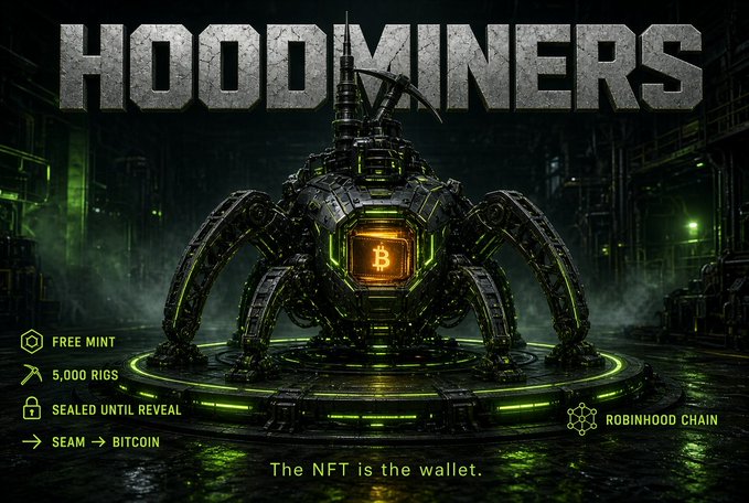 A dark, sci-fi promotional image for 'HOOOMINERS' featuring a mechanical mining rig with a Bitcoin logo at its center, advertising 'FREE MINT', '5,000 RIGS', 'SEALED UNTIL REVEAL', 'SEAM → BITCOIN', and 'The NFT is the wallet' on the ROBINHOOD CHAIN.