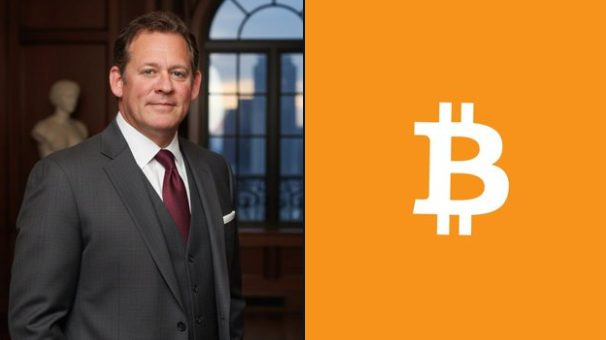 The image features a man dressed in a suit, standing next to an orange square with the letter "B" written on it. The man appears to be wearing a tie as well. The background of the image shows a window overlooking a cityscape, which adds depth and context to the scene.