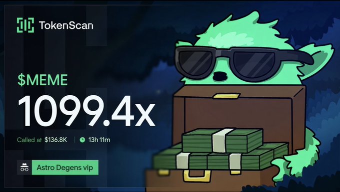 A TokenScan graphic highlights the $MEME token's 1099.4x gain, called at $136.8K and reaching 13h 11m, alongside the "Astro Degens vip" channel branding and a cartoon dog in sunglasses sitting atop stacks of cash in an open briefcase. The visual emphasizes the massive profit claim made in the accompanying post.