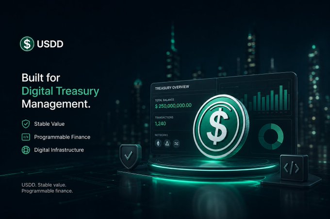 A promotional banner for USDD stablecoin highlighting 'Digital Treasury Management' features including Stable Value, Programmable Finance, and Digital Infrastructure, with a treasury overview showing $250,000,000.00.