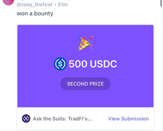 A social media post by @zoey_thefirst celebrating winning a 500 USDC second prize bounty from "Ask the Suits: TradFi's..." with a link to view the submission. The accompanying caption expresses excitement and gratitude toward @perena and the crypto street community for the bounty reward.
