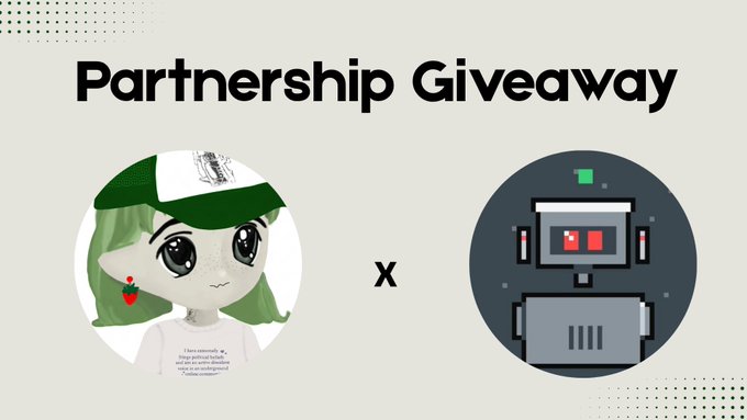 A promotional graphic for a "Partnership Giveaway" features two circular icons: one with a green-haired cartoon girl and another with a robot, separated by an "x".