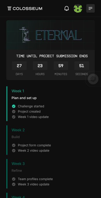 A mobile or web interface titled 'COLOSSEUM' for a project called 'ETERNAL' shows a countdown timer (27 days, 23 hours, 59 minutes) and a checklist with weeks for 'Plan and set up', 'Build', and 'Refine'.