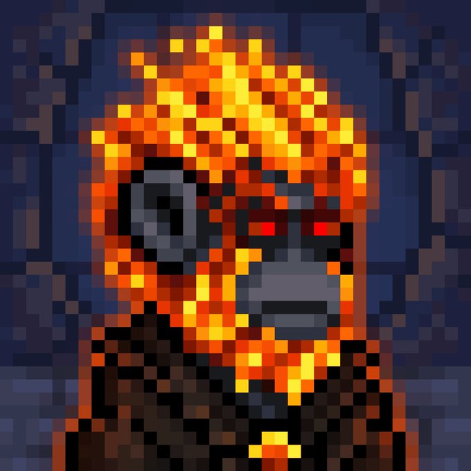 A pixelated, blocky portrait of a menacing character with glowing red eyes and an orange fiery, hooded face.