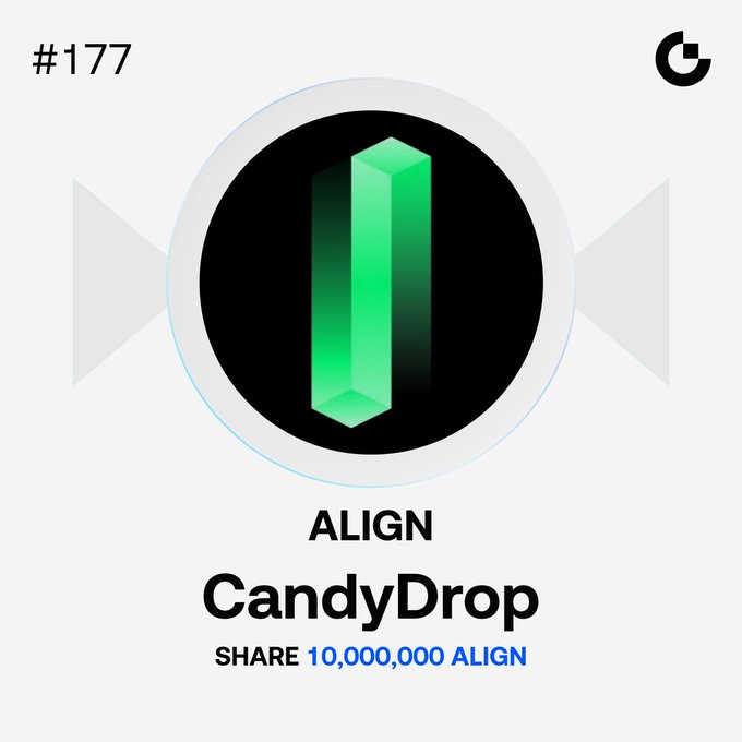 A promotional graphic for Bitget's #177 CandyDrop event featuring a green 3D rectangular logo on a black circle, advertising a prize pool of 10,000,000 $ALIGN tokens for users who complete trading tasks with @alignedlayer.