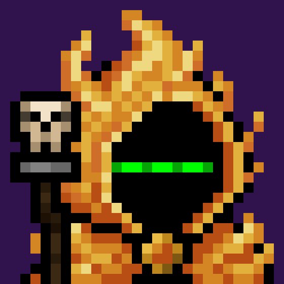 A pixel art image of a dark hooded figure with glowing green eyes, wearing golden armor and holding a skull-topped staff against a purple background.