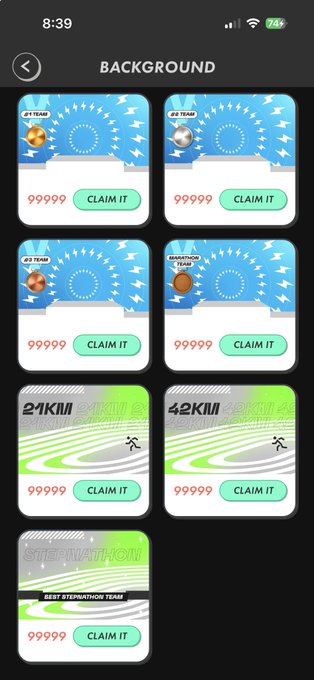 Mobile app screen titled 'BACKGROUND' displaying reward tiers (1/2/4/42 TEAM, 21K/42K distance, STEPNATION) with 99999 points each and 'CLAIM IT' buttons.