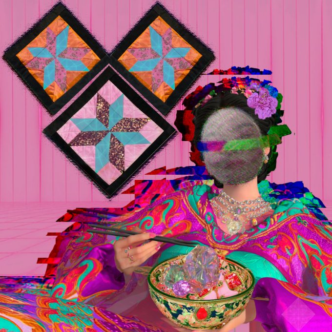 A surreal digital collage featuring a figure in traditional dress holding a bowl of crystals and chopsticks, with a glitched and obscured face, set in a pink room with quilted star patterns.