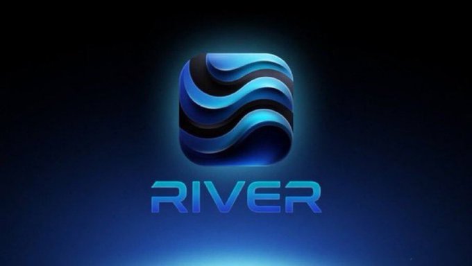 The image features a logo for a company named "River" with a blue square design that has black stripes inside of it. The word "River" is written in white letters below the logo. Below this, there are three different assets related to the company's ecosystem: wBNB (which stands for Watch Netflix), $RIVER and $USD1. These assets can be used to boost River Points while still maintaining liquidity.