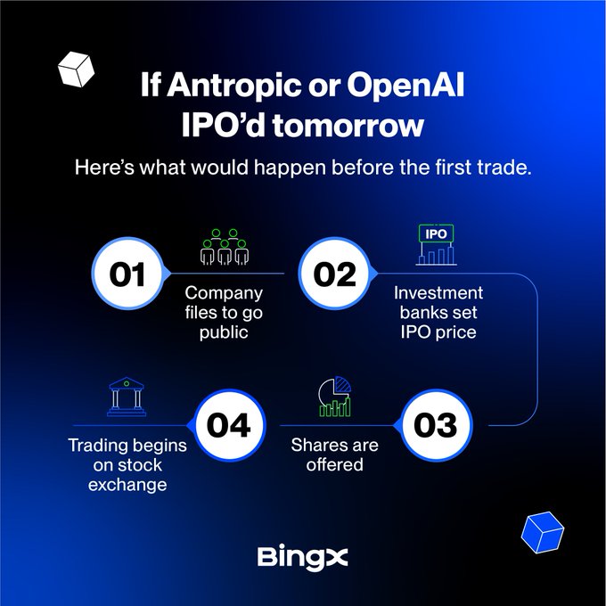 The image is a BingX infographic titled "If Anthropic or OpenAI IPO'd tomorrow," outlining the four-step process before the first trade: 01) Company files to go public, 02) Investment banks set IPO price, 03) Shares are offered, and 04) Trading begins on stock exchange. It complements the post by visually breaking down the lesser-known pre-listing stages that occur before the highly anticipated opening "first candle."