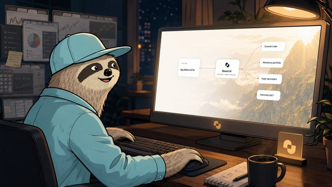 A digital illustration of a cartoon sloth wearing a blue cap and hoodie, working at a computer with financial charts and graphs on a wall-mounted screen showing a mountain landscape with workflow nodes.