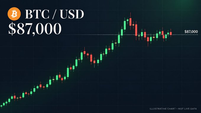 An illustrative candlestick chart displays the BTC/USD trading pair at $87,000, showing an overall rising price pattern with a note that it is not live data.