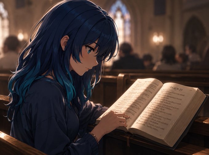 An anime-style illustration shows a girl with long blue hair reading an open Bible in a church, with "PSALM 23" visible on the page.