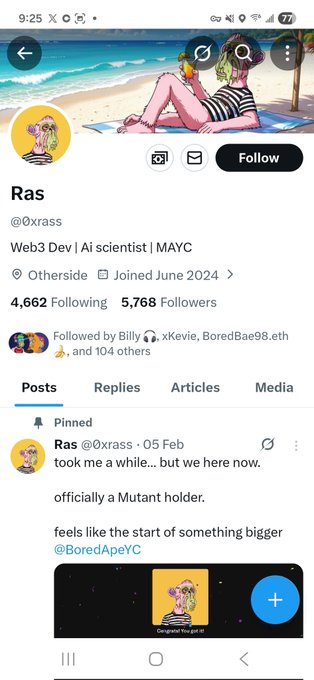 The image shows a social media post from a Twitter account, which features a cartoon character with a pink dress sitting on a beach. The post includes a link to an article about a man named Ras who has been featured on the post. The post also mentions that Ras took a picture of himself and posted it on Twitter.