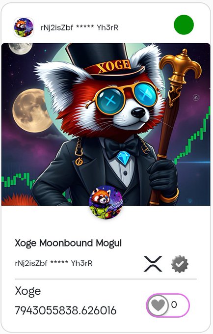 A digital collectible display titled 'Xoge Moonbound Mogul' showing a red panda character in a tuxedo, top hat labeled 'XOGE', and cyan sunglasses, with the token name 'Xoge' and ID '7943055838.626016'.